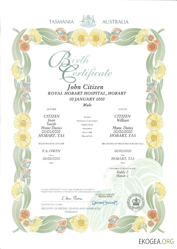 Modèle de certificat de naissance décoratif (commémoratif) Australie Tasmanie au format PSD